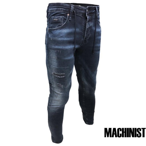 Мъжки дънки RIPPED DARK BLUE JEANS №R618 – Тъмносини дънки с модерни кръпки